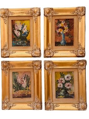 Vintage Still Life Floral Painting on Board 10”x 12” (set of 4) Gold Wood Framed
